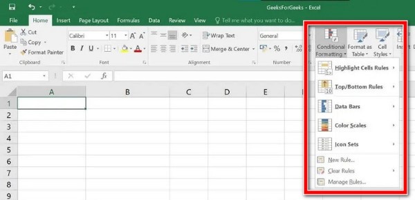 Nhấn vào mũi tên thả xuống bên cạnh Conditional Formatting