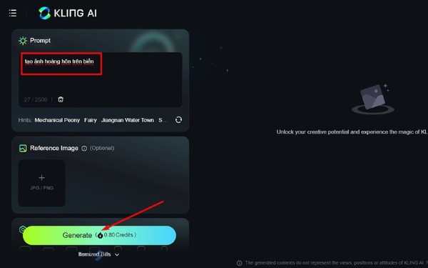 Nhập văn bản mô tả hình ảnh bạn muốn Kling AI tạo ra