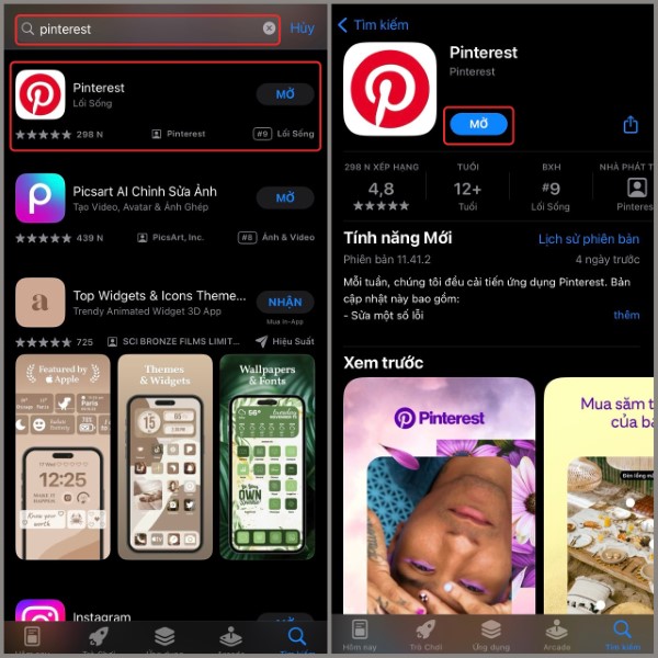 Truy cập vào App Store và nhập từ khóa "Pinterest" vào ô tìm kiếm