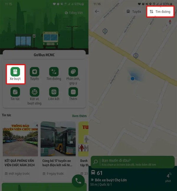 Nhấn vào biểu tượng “Xe buýt” tại giao diện chính