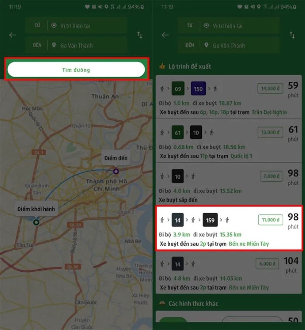 Nhấn “Tìm đường”, ứng dụng sẽ hiển thị các tuyến xe buýt phù hợp