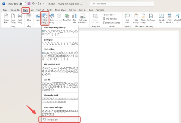Chọn tab “Chèn”, sau đó nhấp vào “Hình dạng” và chọn “Bảng vẽ mới”