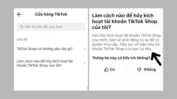 Chọn câu hỏi “Làm thế nào để hủy kích hoạt tài khoản TikTok Shop của tôi?”