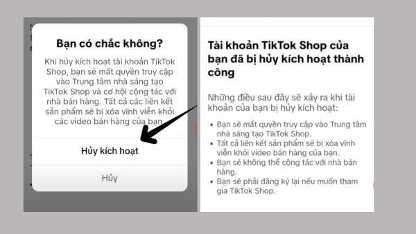 Nhấn vào nút “Hủy kích hoạt” để hoàn tất quá trình xóa TikTok Shop