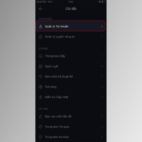 Chọn "Quản lý Tài khoản" để chuyển sang bước tiếp theo