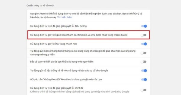 Tắt tính năng Sử dụng dịch vụ gợi ý để hoàn thành tìm kiếm và URL trên thanh địa chỉ 