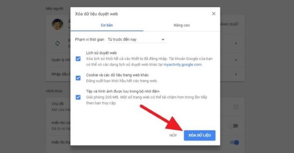 Nhấn tổ hợp phím Ctrl + Shift + Delete, sau đó chọn Clear Data (Xóa dữ liệu)