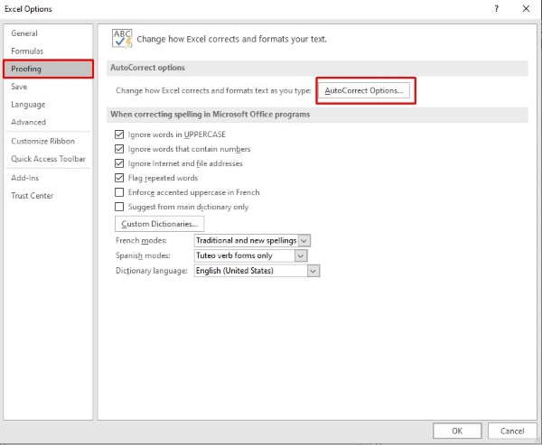 Vào AutoCorrect Option trong mục Proofing
