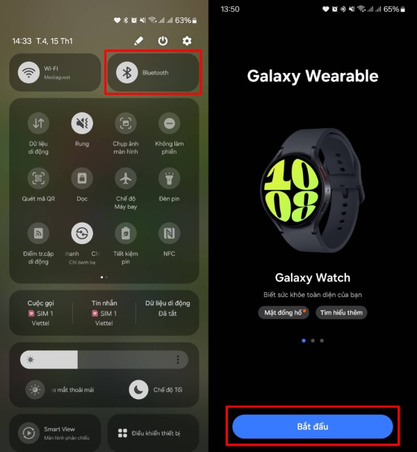 Mở ứng dụng Galaxy Wearable trên điện thoại và nhấn Bắt đầu