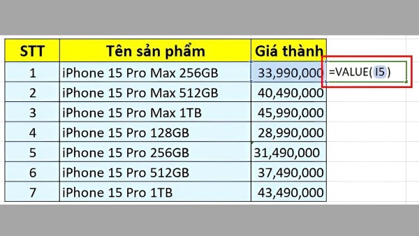 Áp dụng công thức =VALUE(A1) vào ô tính để chuyển đổi dữ liệu