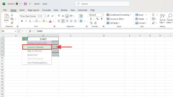 Chọn Convert to Number để tự động chuyển đổi dữ liệu từ dạng văn bản sang số