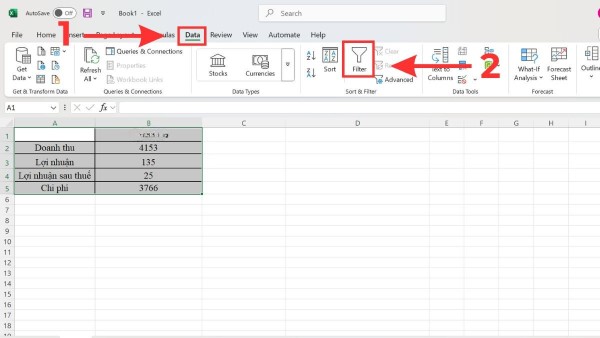 Chọn bảng dữ liệu, nhấn vào tab Data và chọn AutoFilter