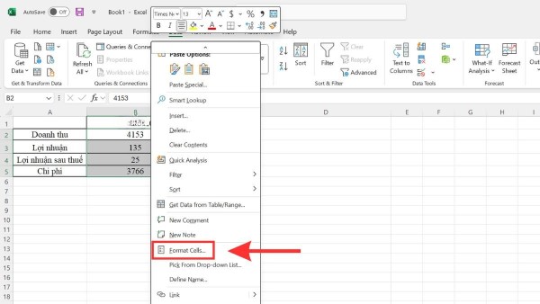 Nhấn chuột phải và chọn Format Cells