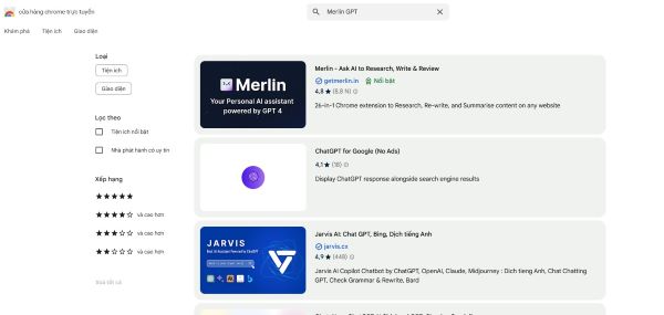 Tìm kiếm tên tiện ích “Merlin” trong cửa hàng Chrome trực tuyến