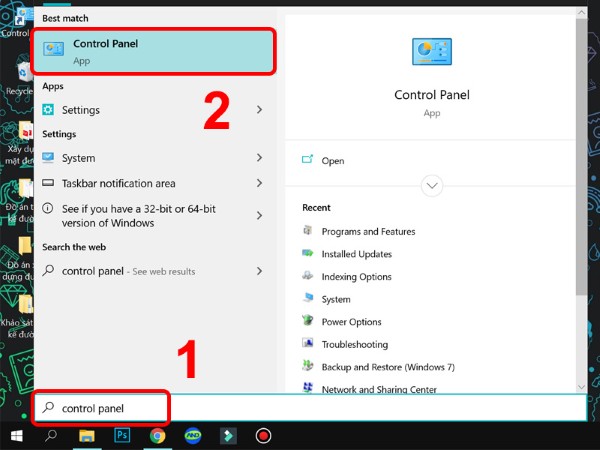 Nhập "Control Panel" > Nhấn vào kết quả để mở