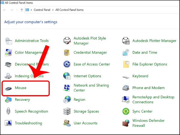 Chọn mục "Mouse"