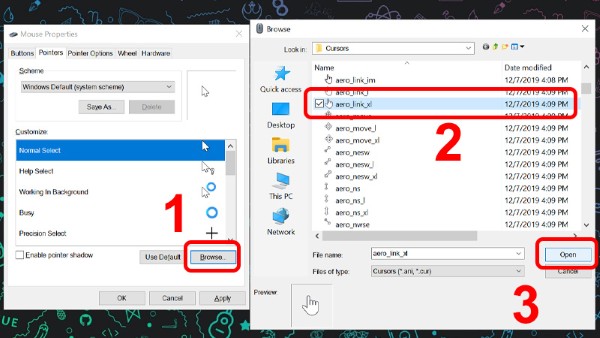 Nhấn "Browse" > Chọn con trỏ mong muốn > Nhấn "Open"