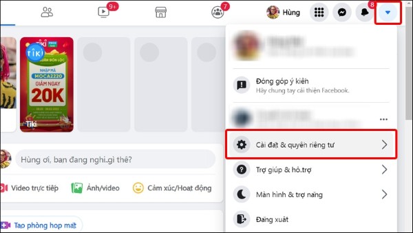 Nhấn vào biểu tượng mũi tên xuống ở góc trên bên phải màn hình 