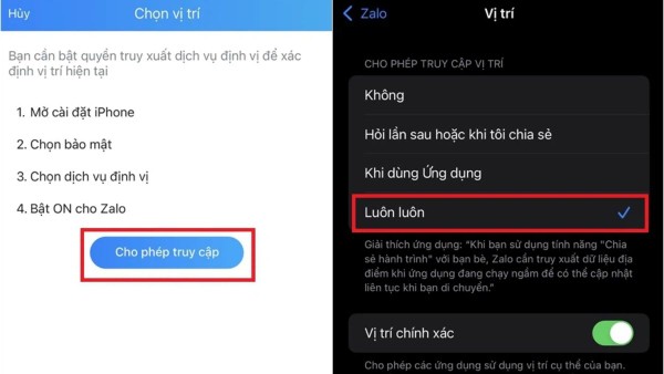 Đặt chế độ “Luôn luôn” hoặc “Khi dùng ứng dụng”