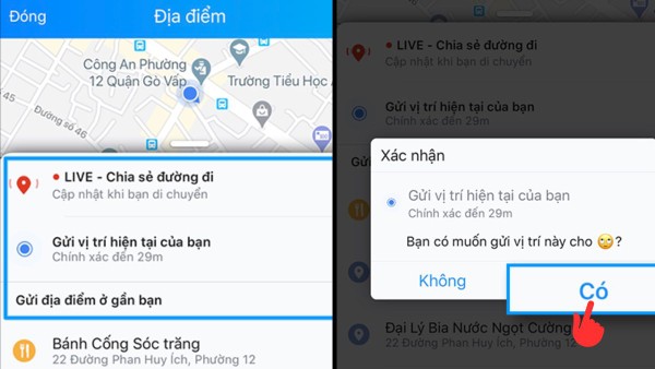 Chọn chế độ “Gửi vị trí hiện tại” hoặc “Chia sẻ hành trình”, rồi nhấn “Có”