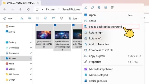 Nhấn chuột phải lên tệp ảnh, sau đó chọn Set as desktop background