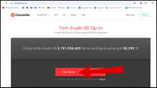 Truy cập vào Convertio và tải video cần chuyển đổi lên