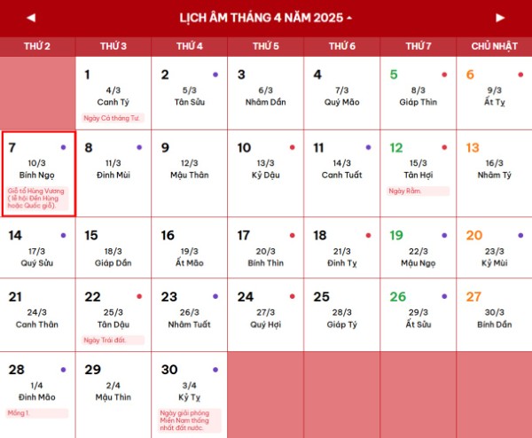 Giỗ Tổ Hùng Vương rơi vào thứ Hai, ngày 7/4 dương lịch (tức ngày 10 tháng 3 âm lịch)