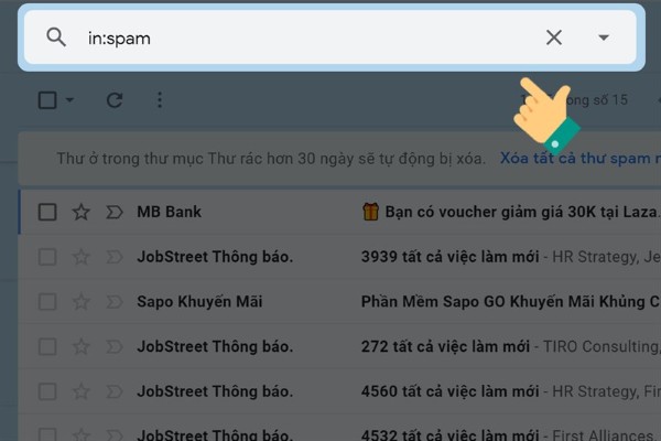 Nhập in:spam để tìm email trong thư mục Spam hoặc in:trash