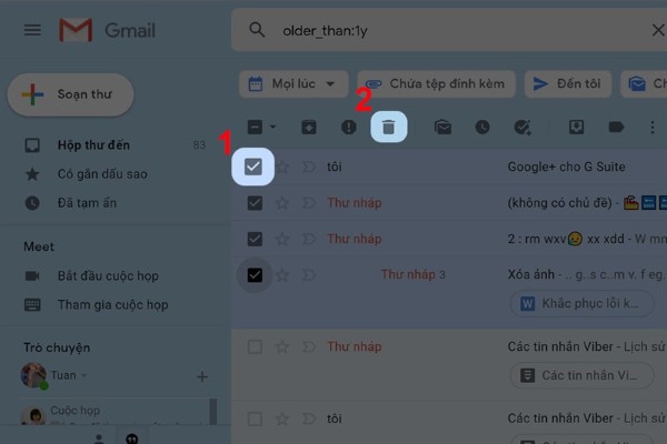 Chọn những email đã đọc, không quan trọng và nhấn Xóa