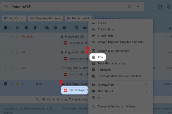 Nhấp chuột phải vào các email chứa tệp đính kèm không cần thiết và chọn Xóa