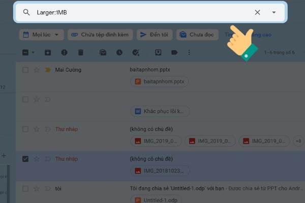 Trên thanh tìm kiếm Gmail, nhập lệnh Larger: kèm dung lượng cụ thể