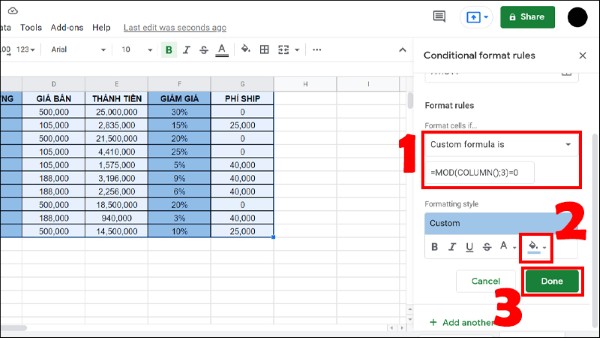 Nhập công thức hàm: =MOD(COLUMN(),3)=0