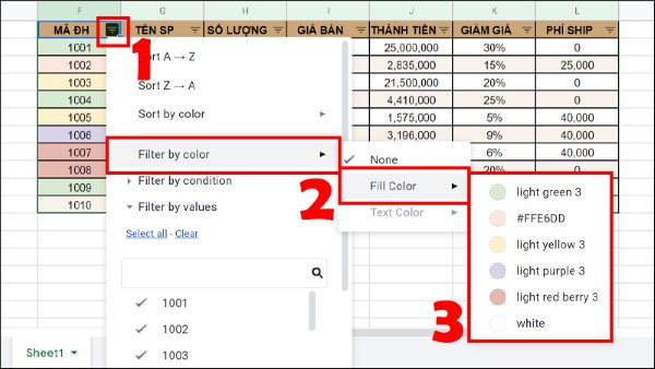 Chọn Filter by color (Lọc theo màu) > Chọn Fill Color (Màu nền)