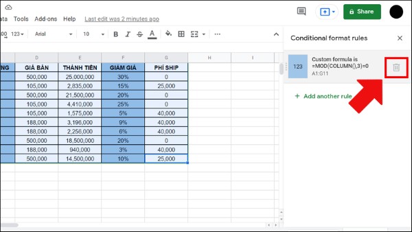 Chọn Conditional formatting (Định dạng có điều kiện) > Nhấn vào biểu tượng thùng rác