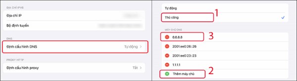 Nhấn Thêm máy chủ (Add Server) và nhập 8.8.8.8 hoặc 8.8.4.4 để hoàn tất