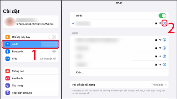 Nhấn vào biểu tượng chữ "i" bên cạnh mạng Wi-Fi đang sử dụng