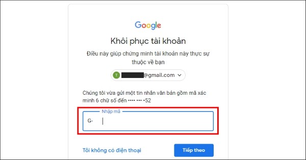 Nhập mã xác minh vừa nhận, nhấn "Tiếp theo" để hoàn tất