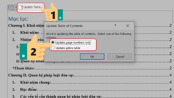 Nhấn vào mục lục rồi chọn Update Table