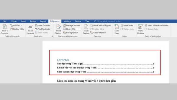 Chọn tab References tại thanh công cụ