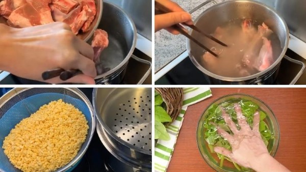 Rửa sạch sườn với nước muối loãng và chần qua nước sôi
