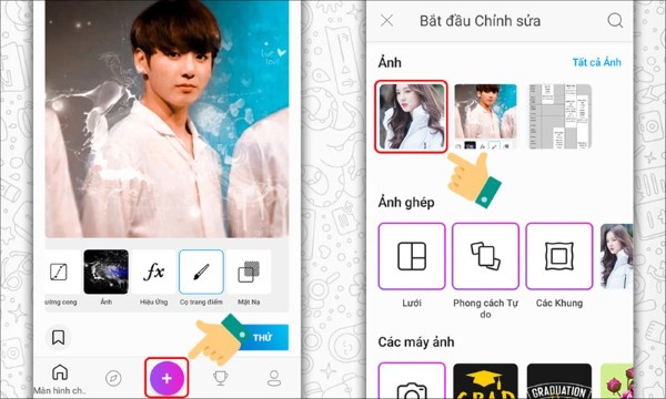 Nhấn vào biểu tượng dấu “+” và chọn hình ảnh bạn muốn chỉnh sửa