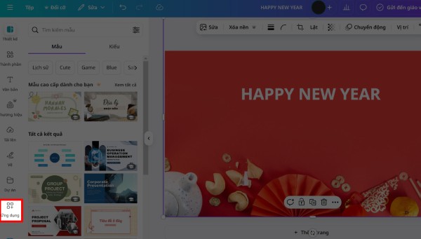 Mở Canva và chọn mẫu thiết kế, chọn mục "Ứng dụng" 