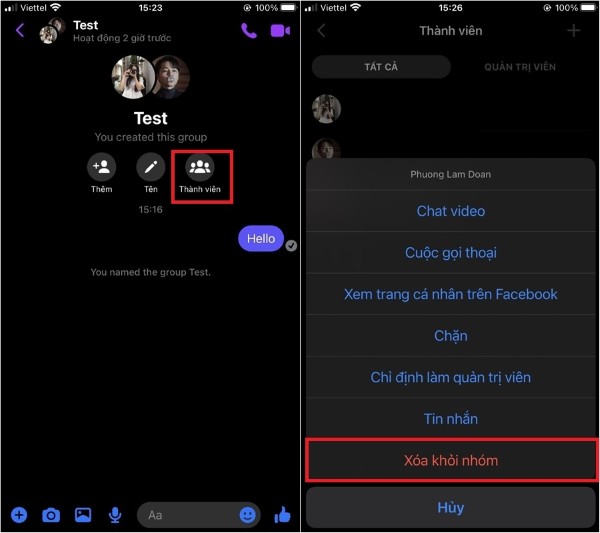 Chọn từng thành viên và nhấn “Xóa khỏi nhóm”