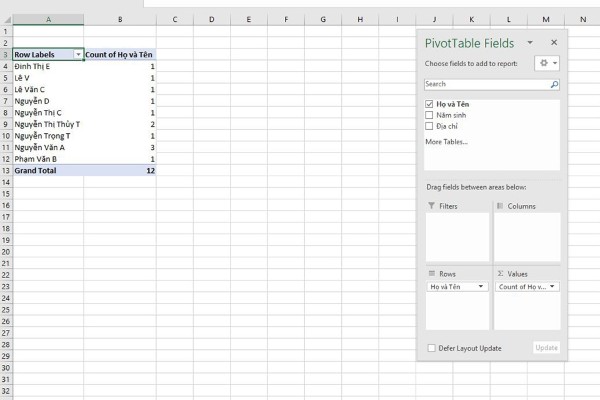 Chọn Value Field Settings và nhấn Count