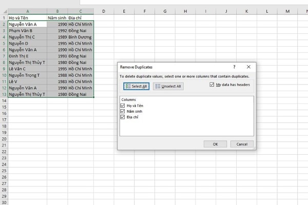 Đánh dấu vào ô My data has headers