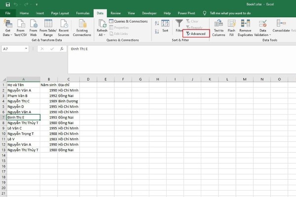 Mở mục Sort & Filter, nhấn Advanced