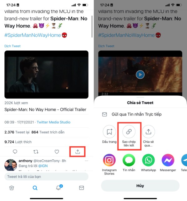 Tìm video muốn lưu về và nhấn Chia sẻ → Sao chép liên kết Tweet