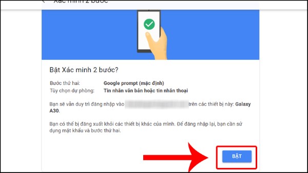 Nhấn “Bật” để thiết lập