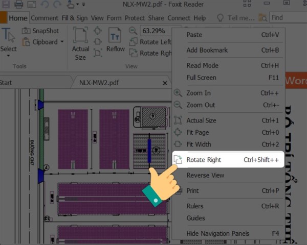 Nhấn chuột phải vào từng trang PDF và chọn Rotate Right hoặc dùng tổ hợp phím tắt