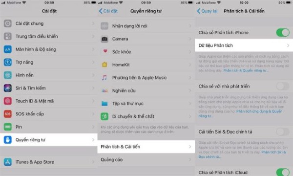 Chọn Phân tích & Cải tiến và bật tính năng Chia sẻ Phân tích iPhone
